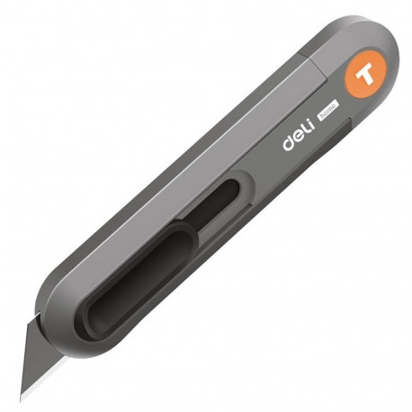Технический нож "Home Series Gray" Deli HT4008C Т-образное лезвие с механизмом автоматического возврата, эксклюзивный дизайн, корпус из высококачественного софттач пластика