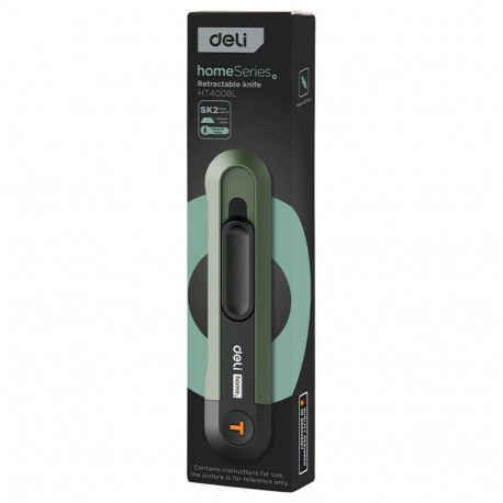 Технический нож "Home Series Green" Deli HT4008L Т-образное лезвие с механизмом автоматического возврата, эксклюзивный дизайн, корпус из высококачественного софттач пластика-5