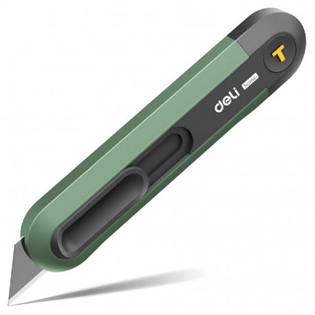 Технический нож "Home Series Green" Deli HT4008L Т-образное лезвие с механизмом автоматического возврата, эксклюзивный дизайн, корпус из высококачественного софттач пластика
